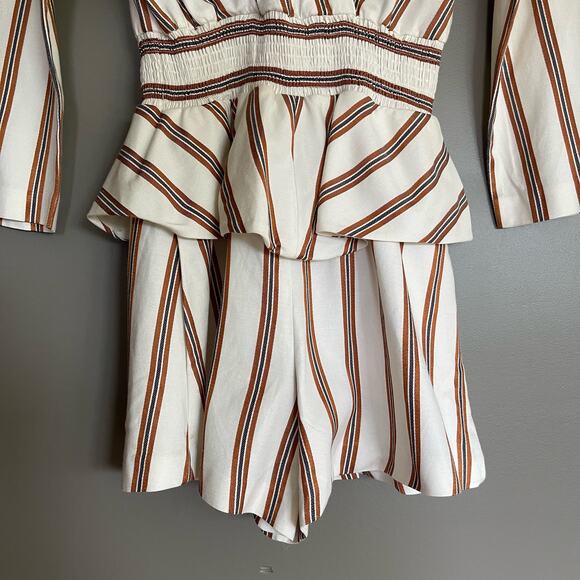 Maje Ieni Romper Size Medium Cream Bronze Striped Peplum One Piece Long Sleeve - Picture 7 of 16